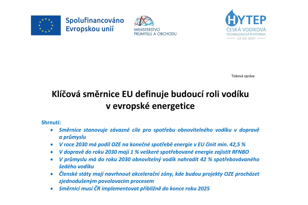 Klíčová směrnice EU definuje budoucí roli vodíku v evropské energetice